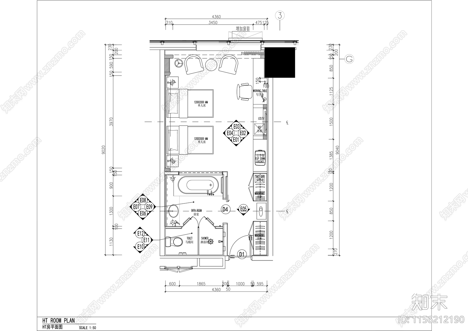 希尔顿酒店标准双人间室内精装修施工图下载【ID:1156212190】