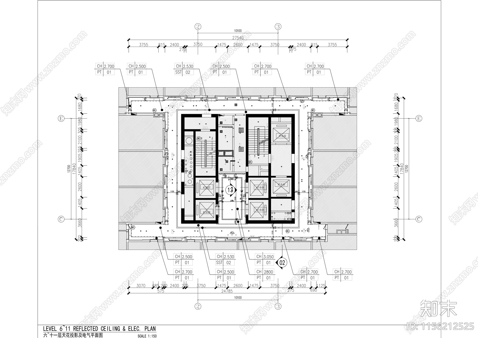 希尔顿酒店核心筒电梯厅走道布草间服务间室内精装修施工图下载【ID:1156212525】