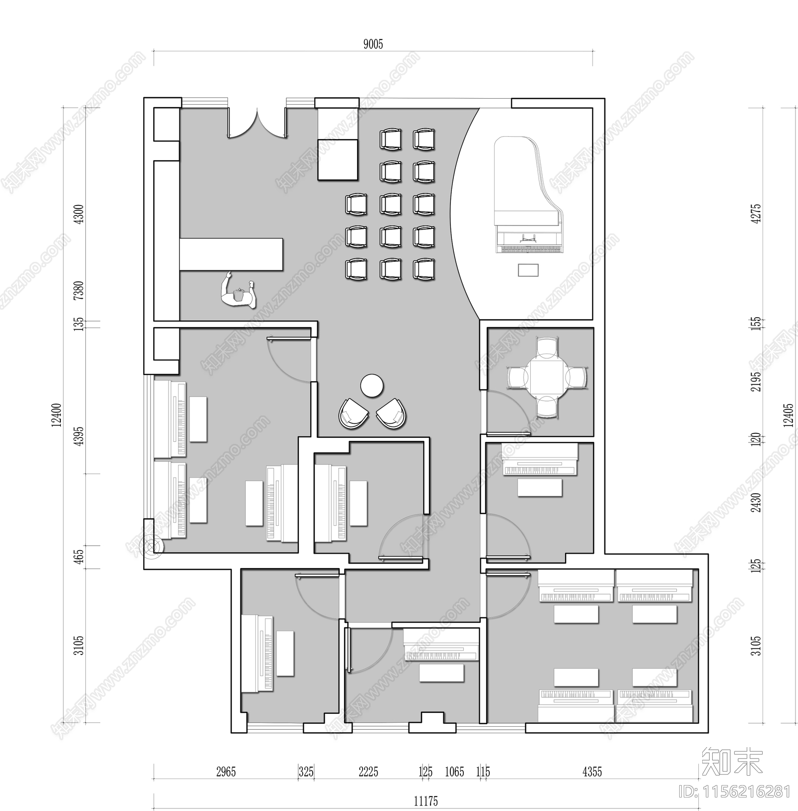 钢琴培训室培训机构平面图cad施工图下载【ID:1156216281】