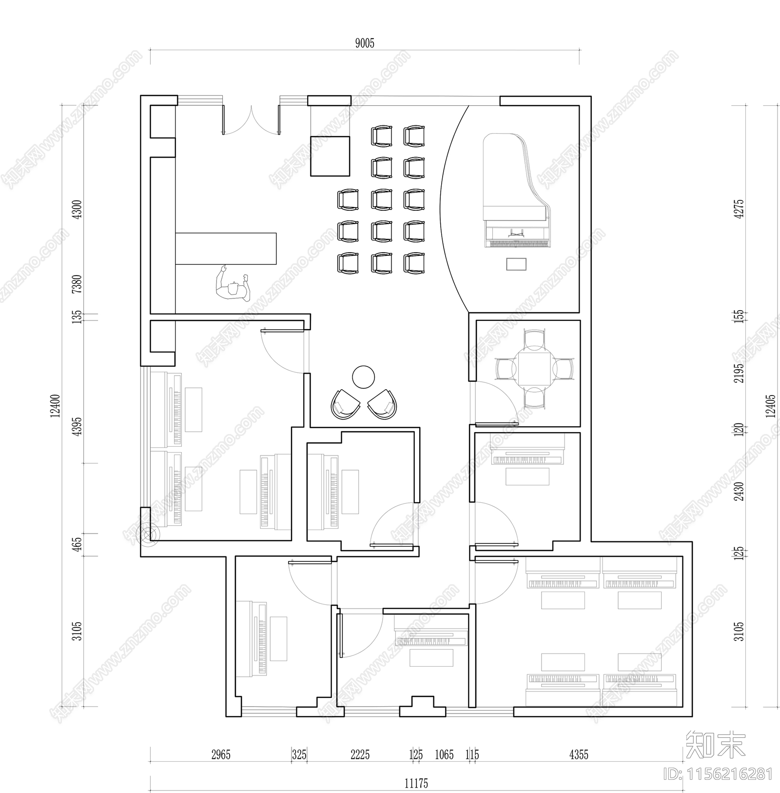 钢琴培训室培训机构平面图cad施工图下载【ID:1156216281】