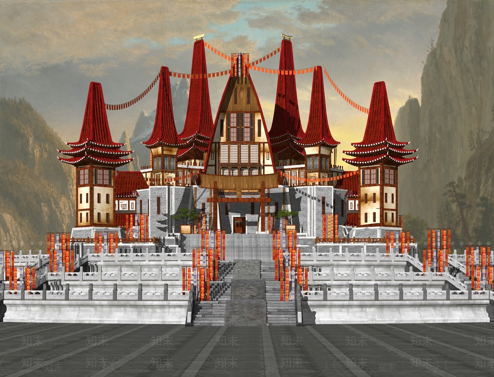 中式魔幻城堡宫殿影视游戏布景SU模型下载【ID:1156221578】