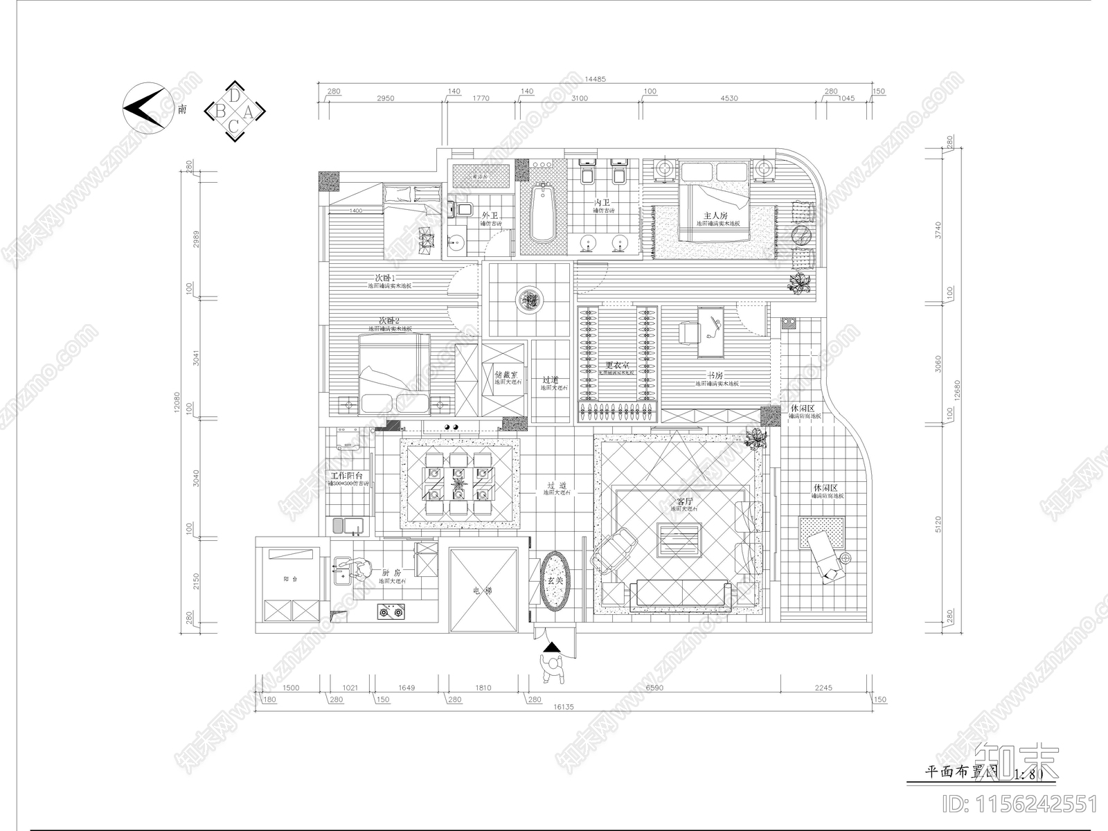 现代家装样板间全cad施工图下载【ID:1156242551】