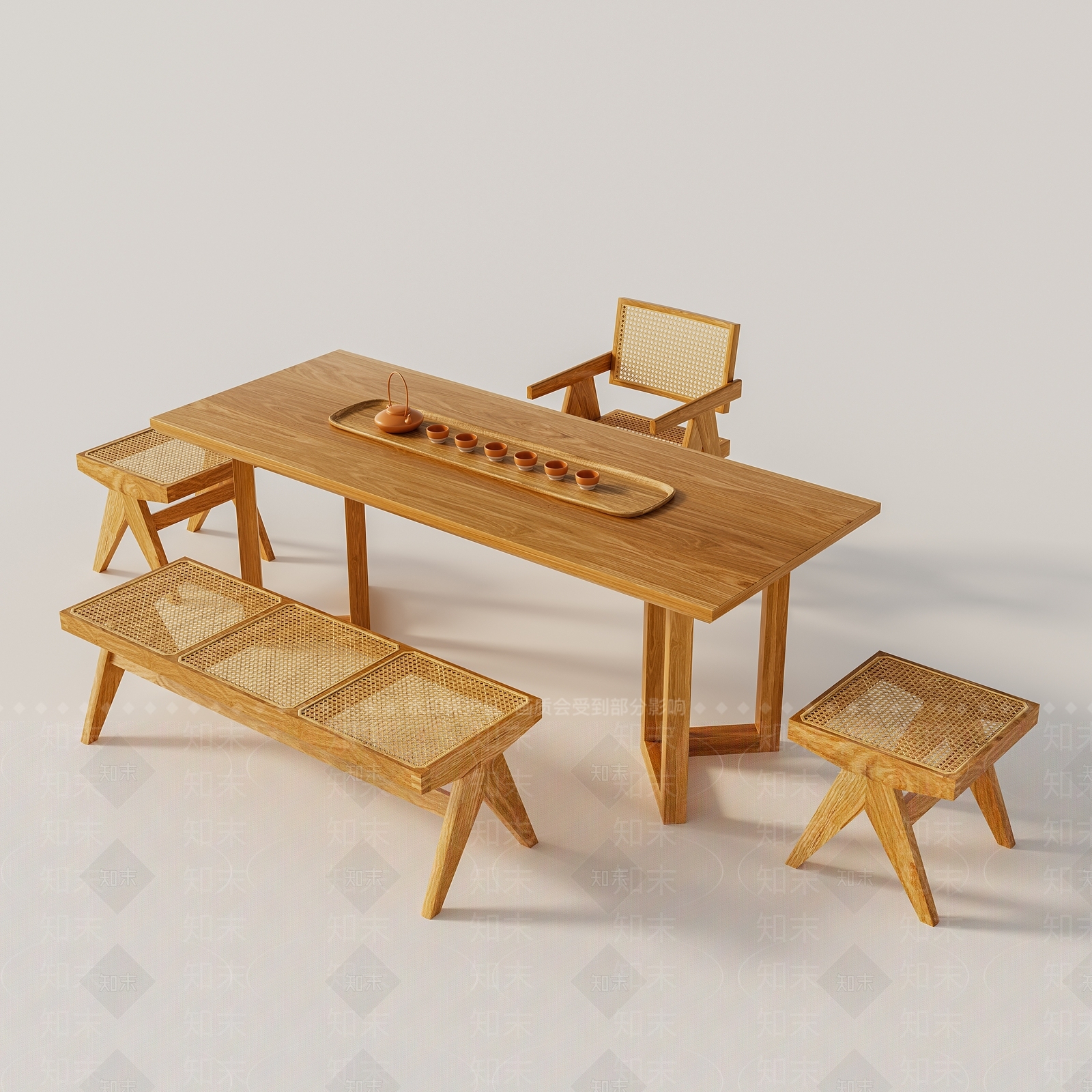 侘寂实木茶桌椅组合3D模型下载【ID:1156280305】