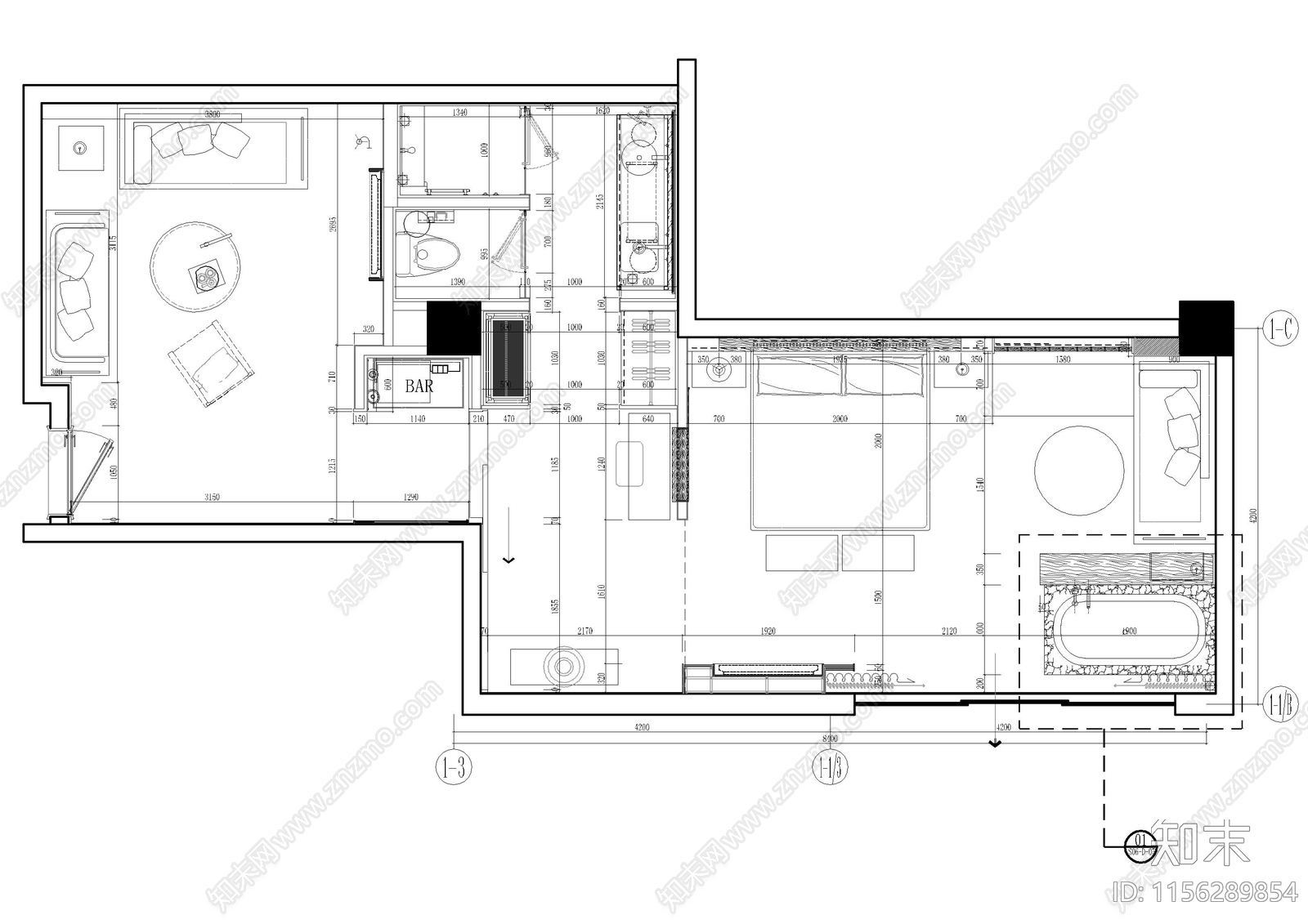 民宿风客房cad施工图下载【ID:1156289854】