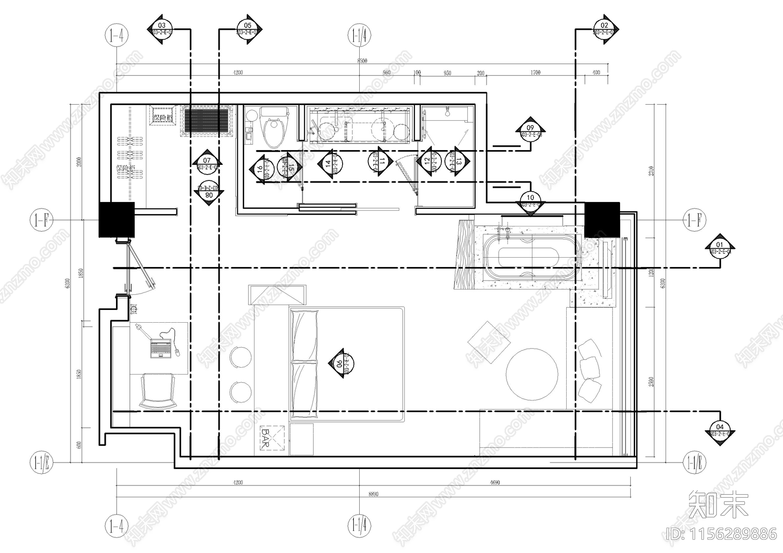 民宿客房cad施工图下载【ID:1156289886】