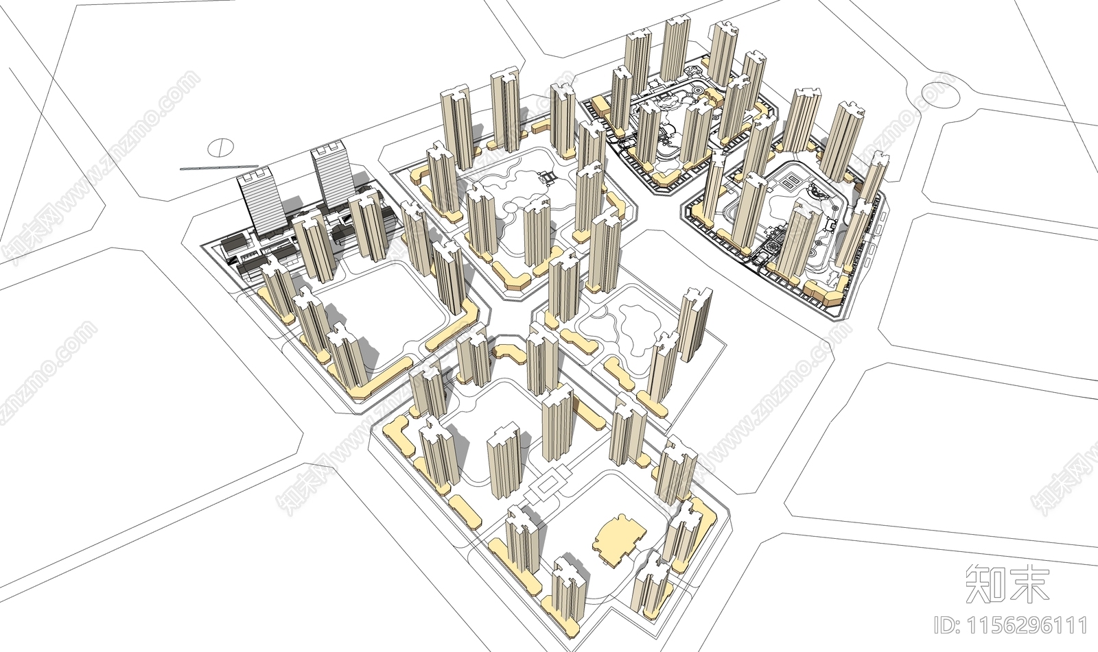 欧式居住区鸟瞰简模规划SU模型下载【ID:1156296111】