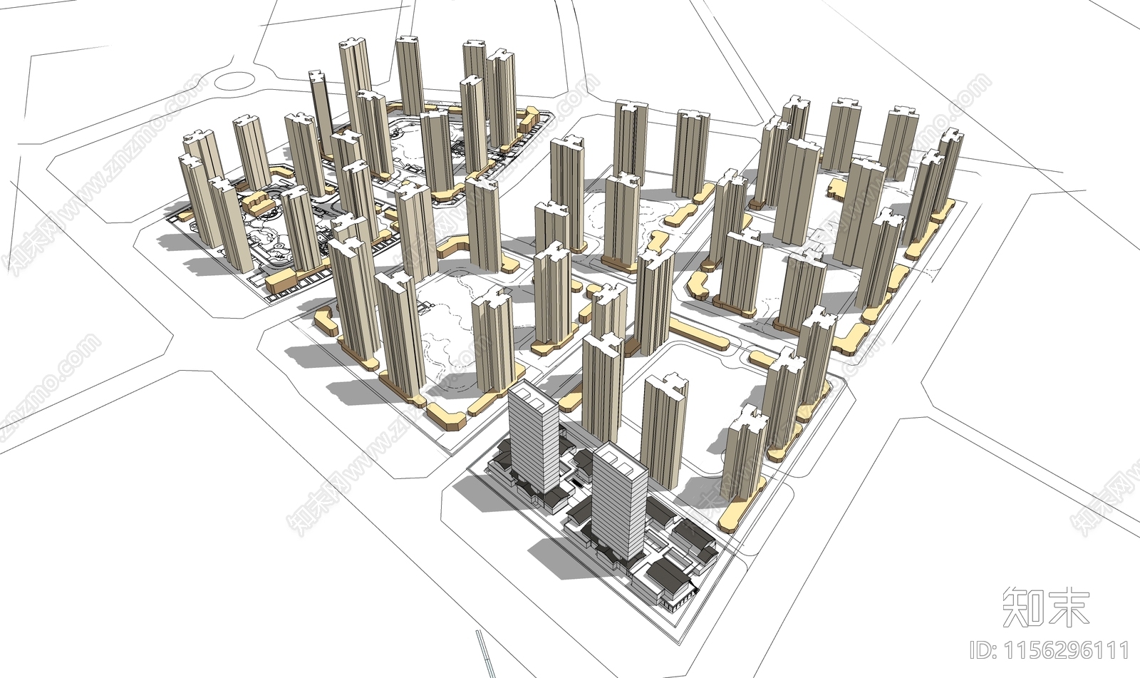 欧式居住区鸟瞰简模规划SU模型下载【ID:1156296111】