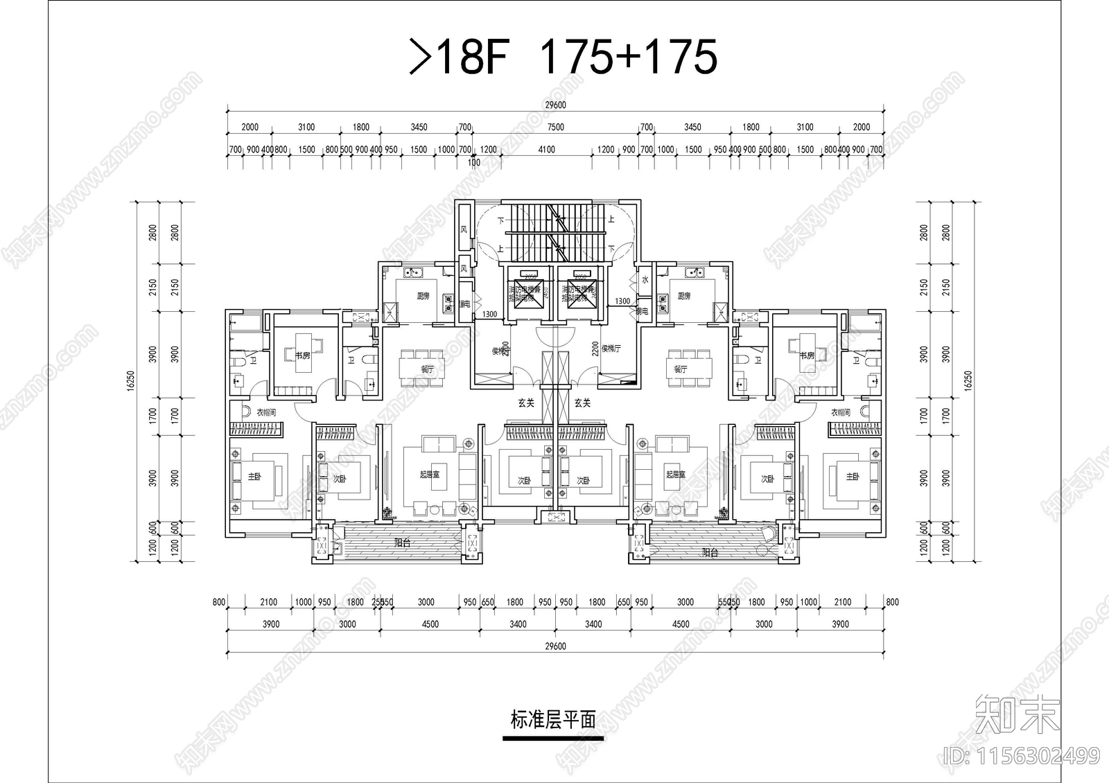 175平T2户型平面cad施工图下载【ID:1156302499】