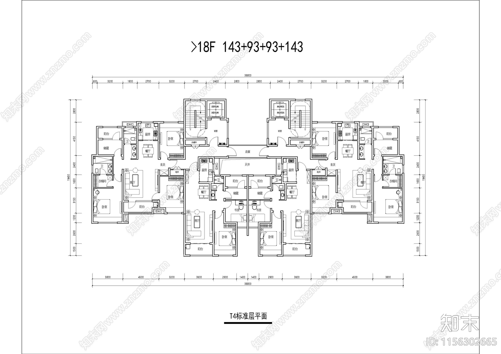 143平及93平T4户型平面cad施工图下载【ID:1156302665】