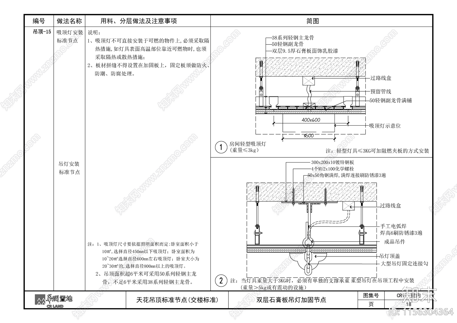 石膏板吊灯加固节点施工图下载【ID:1156304364】