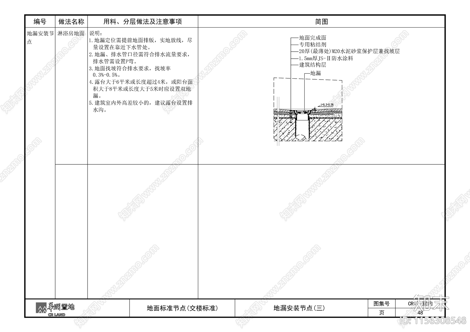 地漏安装节点cad施工图下载【ID:1156308548】