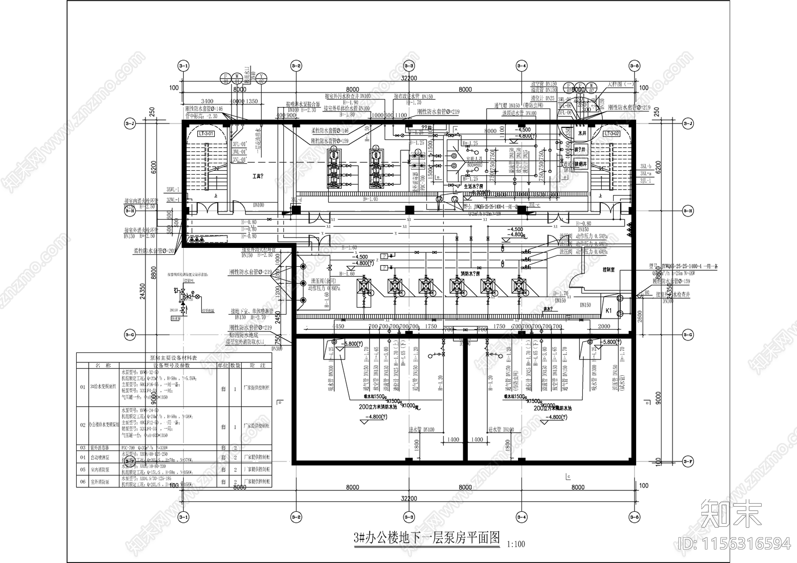 某办公楼地下一层泵房给排水施工图下载【ID:1156316594】
