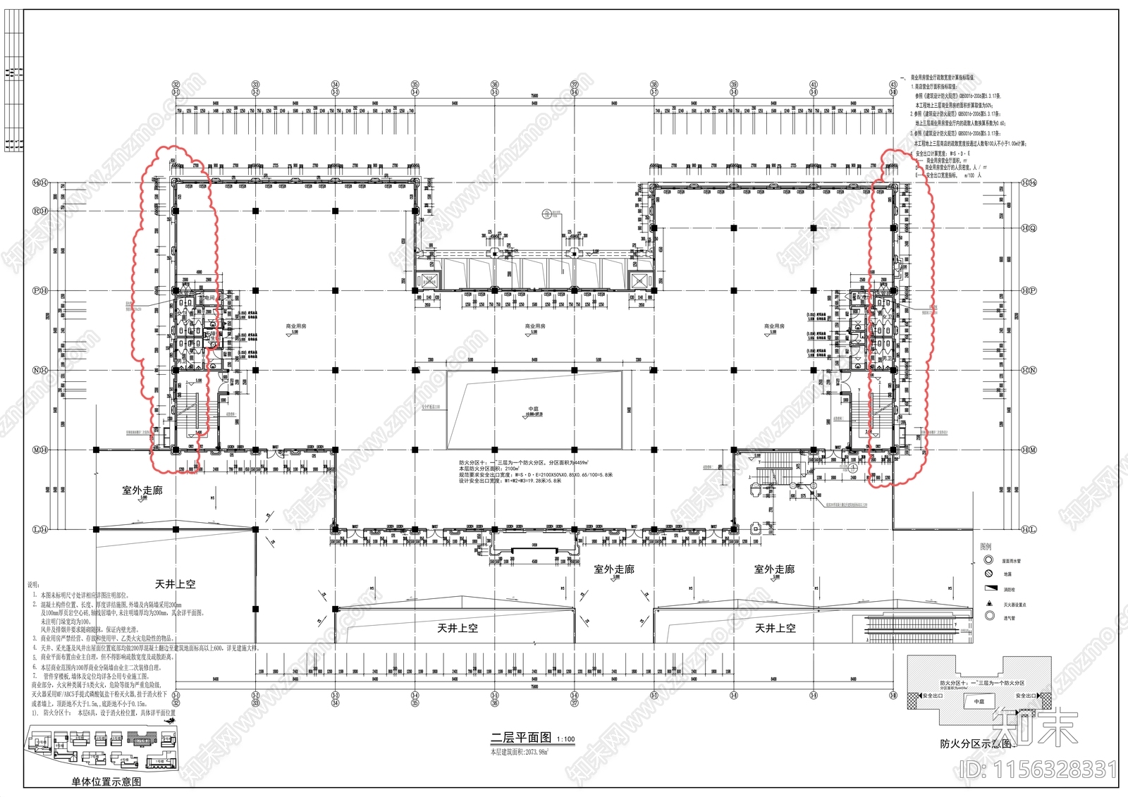 商业广场四层商业用房建筑cad施工图下载【ID:1156328331】