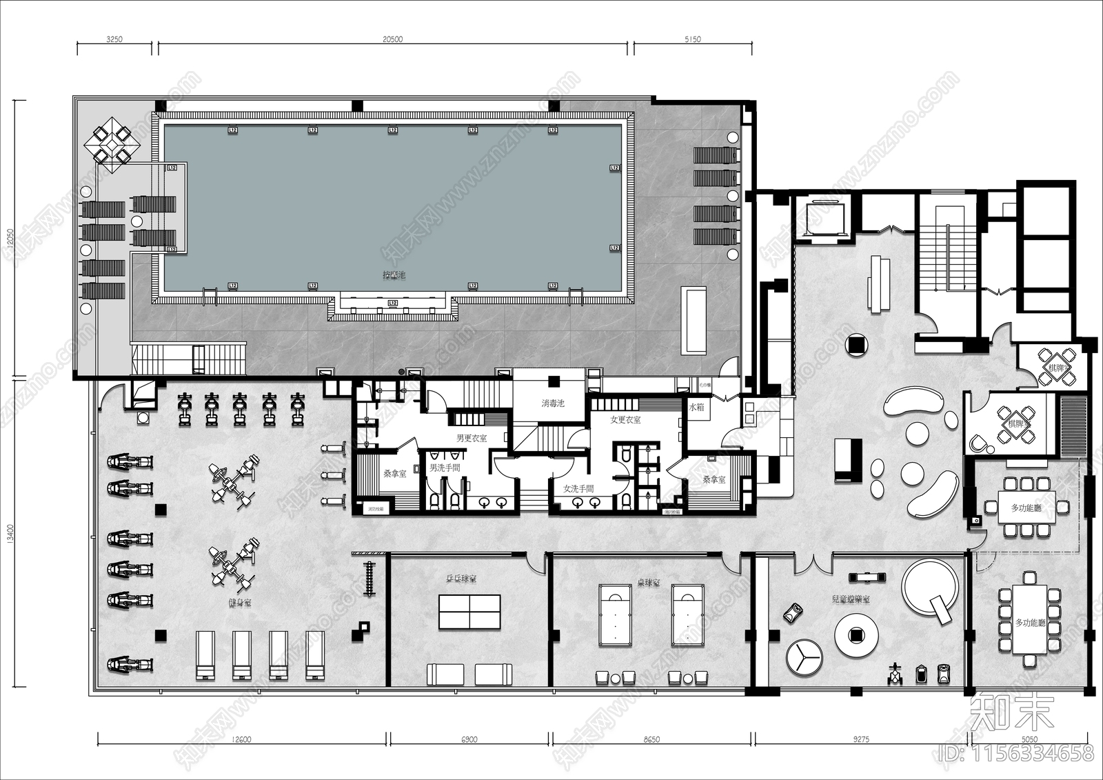 1000㎡游泳健身会所平面布置图cad施工图下载【ID:1156334658】