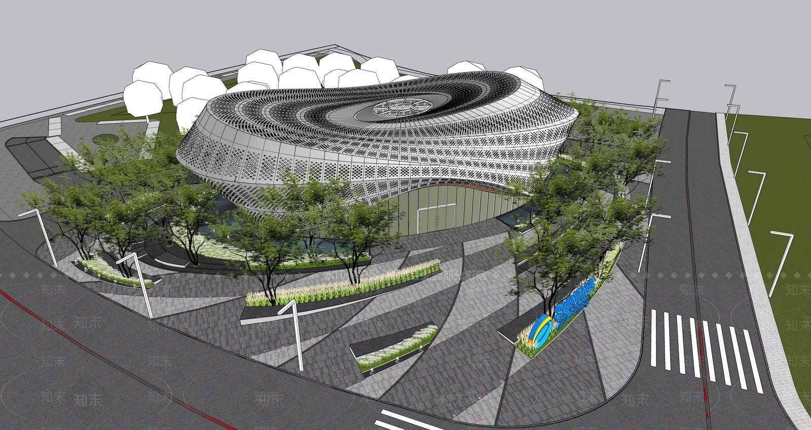 现代展览馆建筑SU模型下载【ID:1156342543】