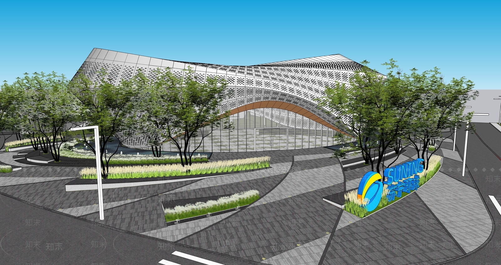 现代展览馆建筑SU模型下载【ID:1156342543】