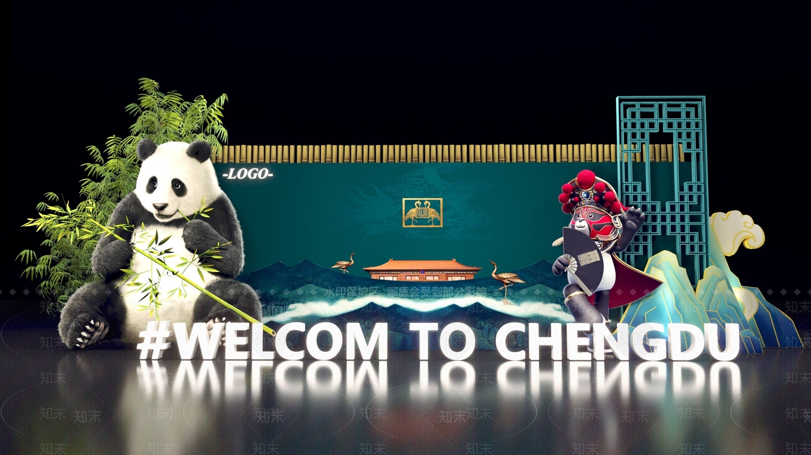 新中式千里江山四川成都大熊猫竹子川剧变脸熊猫美陈SU模型下载【ID:1156346215】