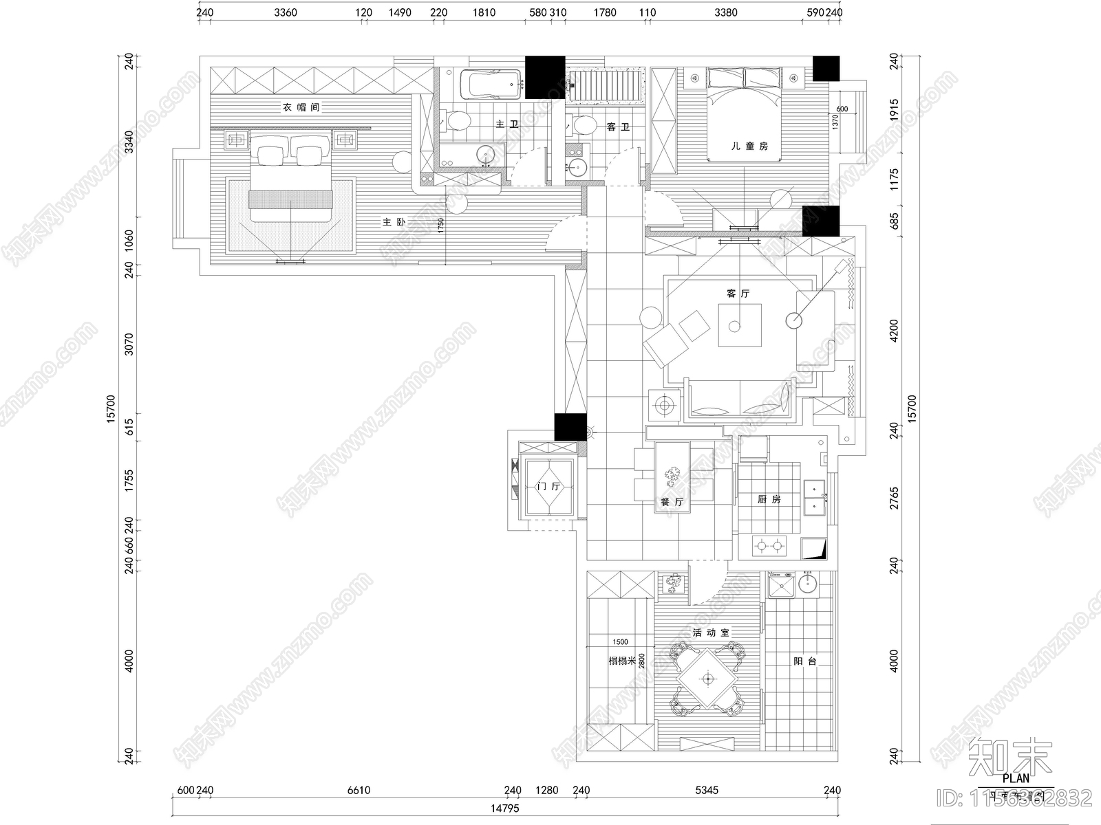 现代家装样板间cad施工图下载【ID:1156362832】