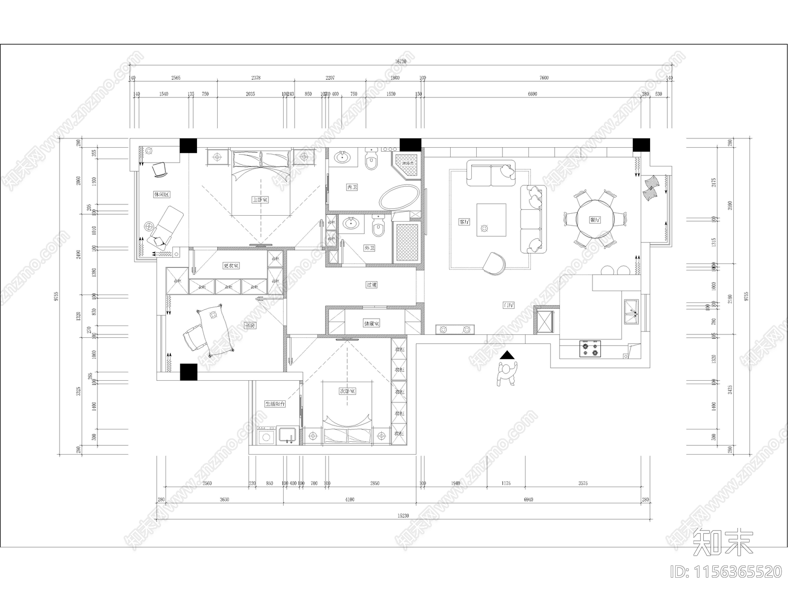 现代家装样板间cad施工图下载【ID:1156365520】