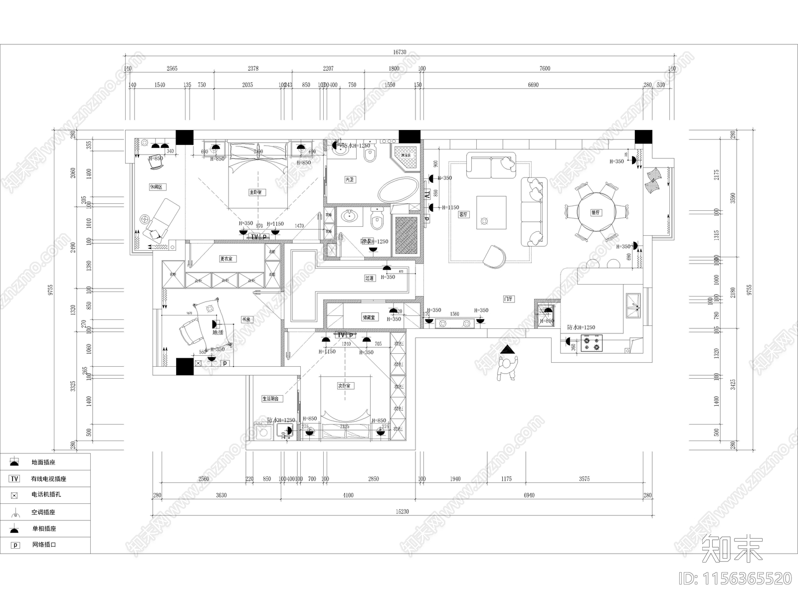 现代家装样板间cad施工图下载【ID:1156365520】