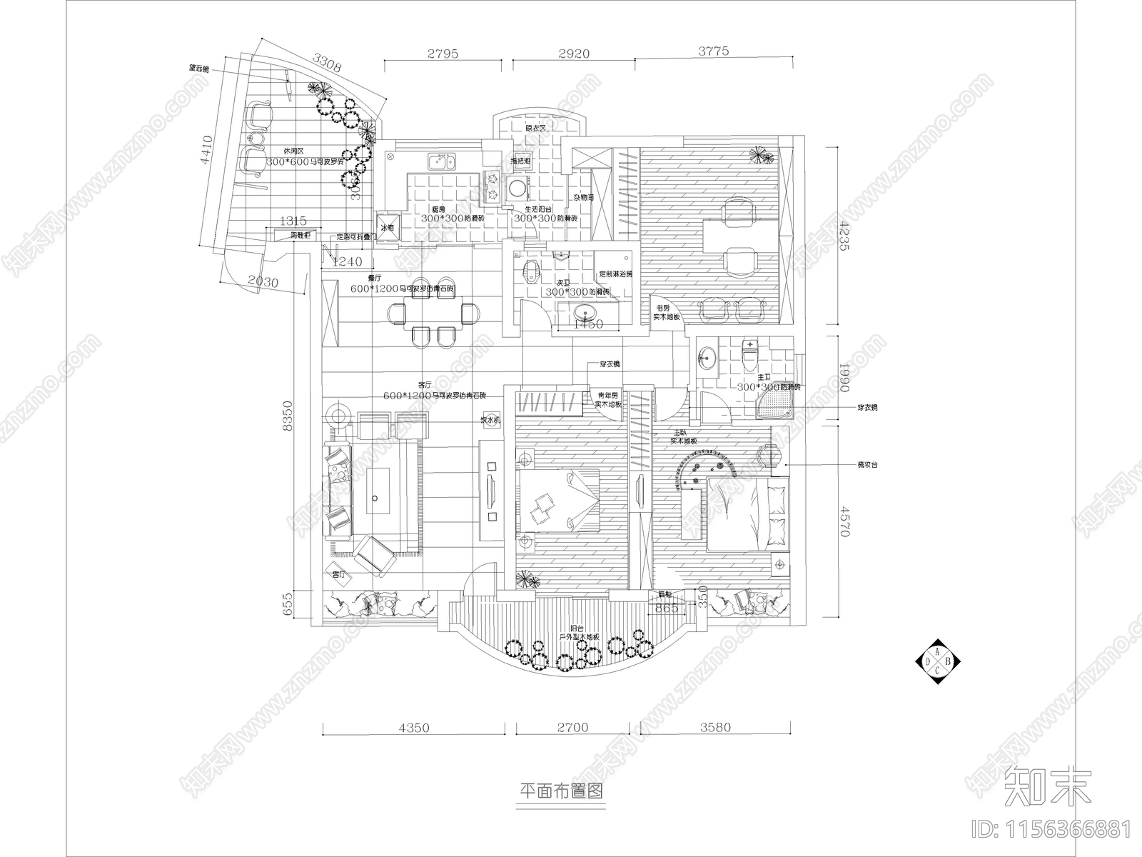 现代家装大平层样板间cad施工图下载【ID:1156366881】