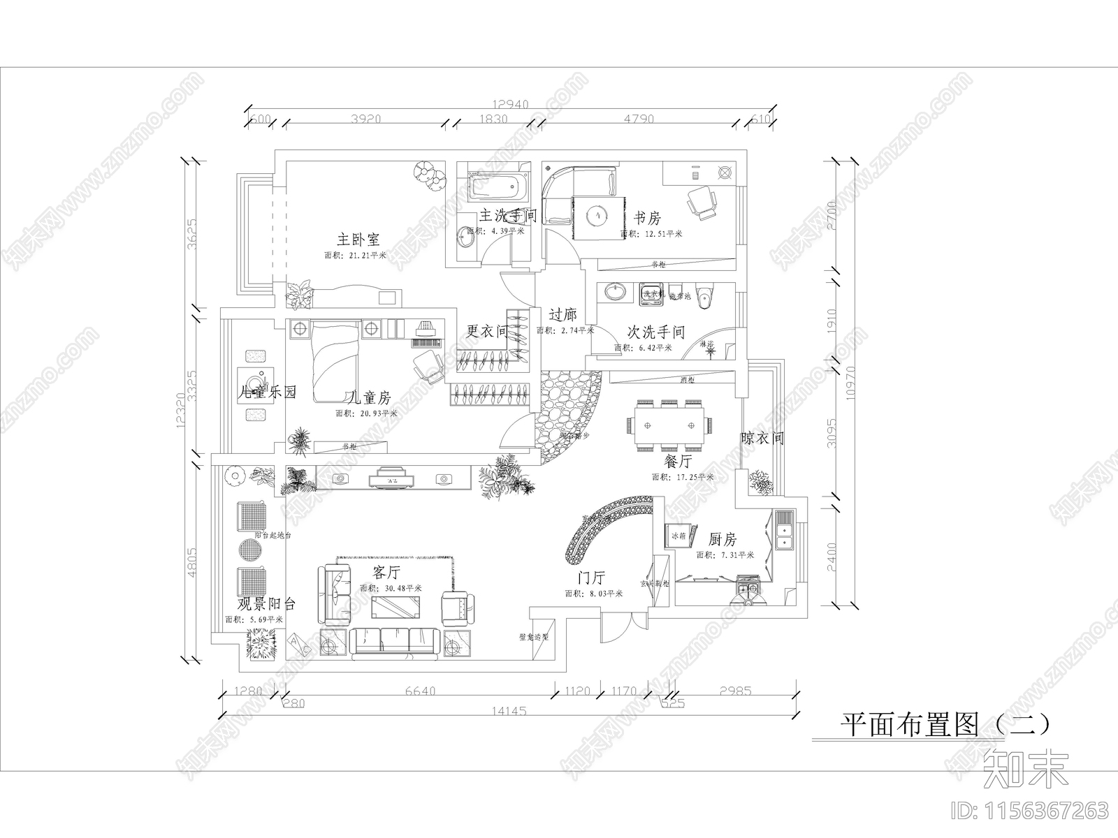 现代家装大平层样板cad施工图下载【ID:1156367263】