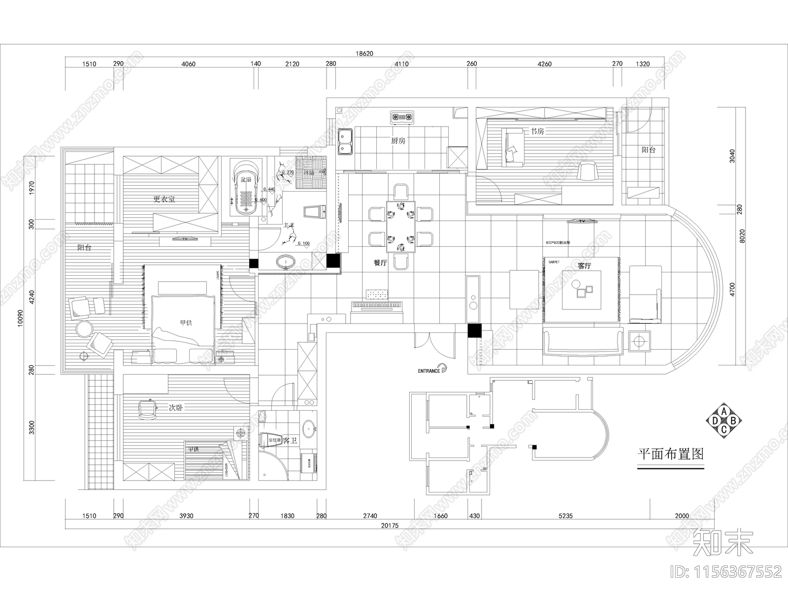 现代家装大平层样板间cad施工图下载【ID:1156367552】