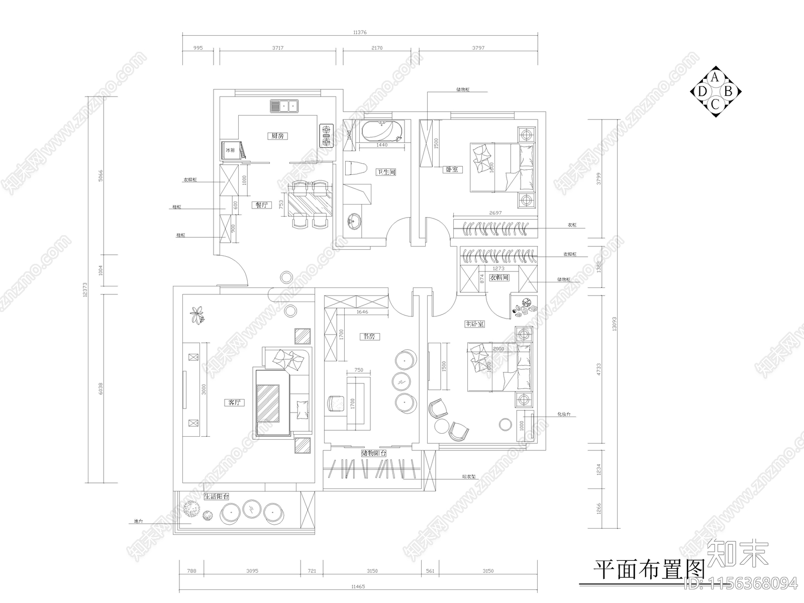 现代家装大平层样板间cad施工图下载【ID:1156368094】