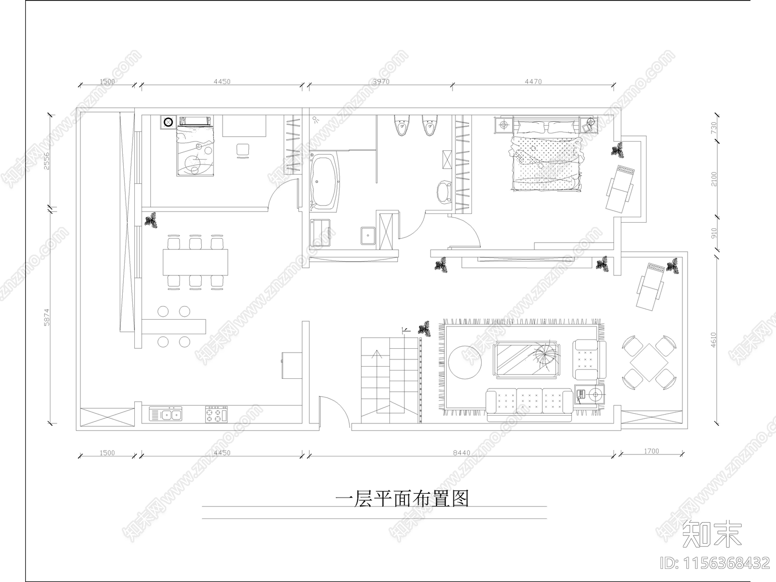 现代家装平层样板间cad施工图下载【ID:1156368432】