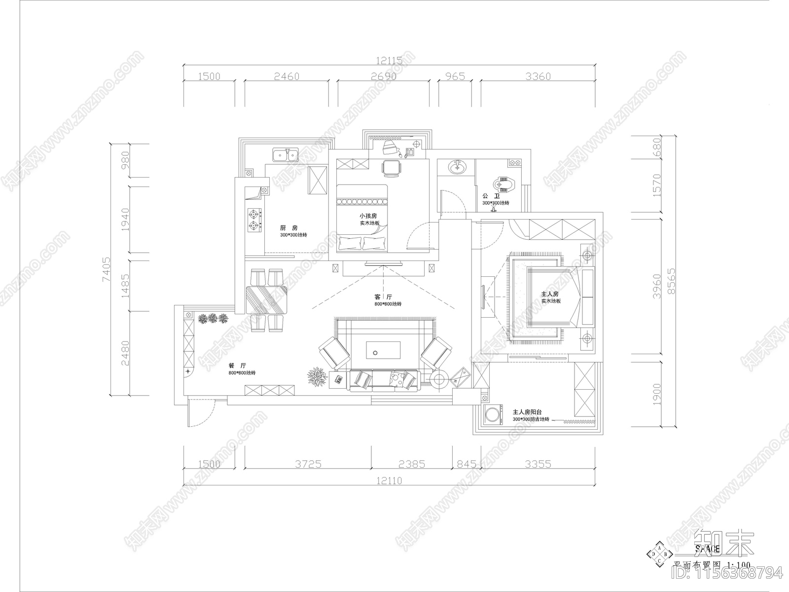 现代家装平层样板间cad施工图下载【ID:1156368794】