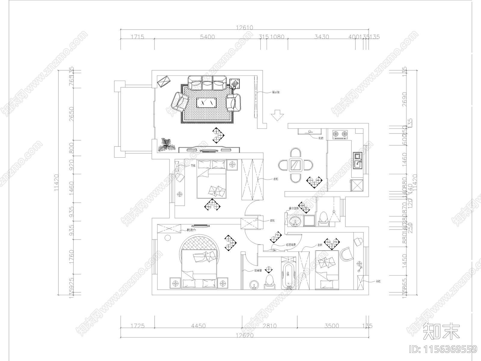 现代家装平层样板间cad施工图下载【ID:1156369559】