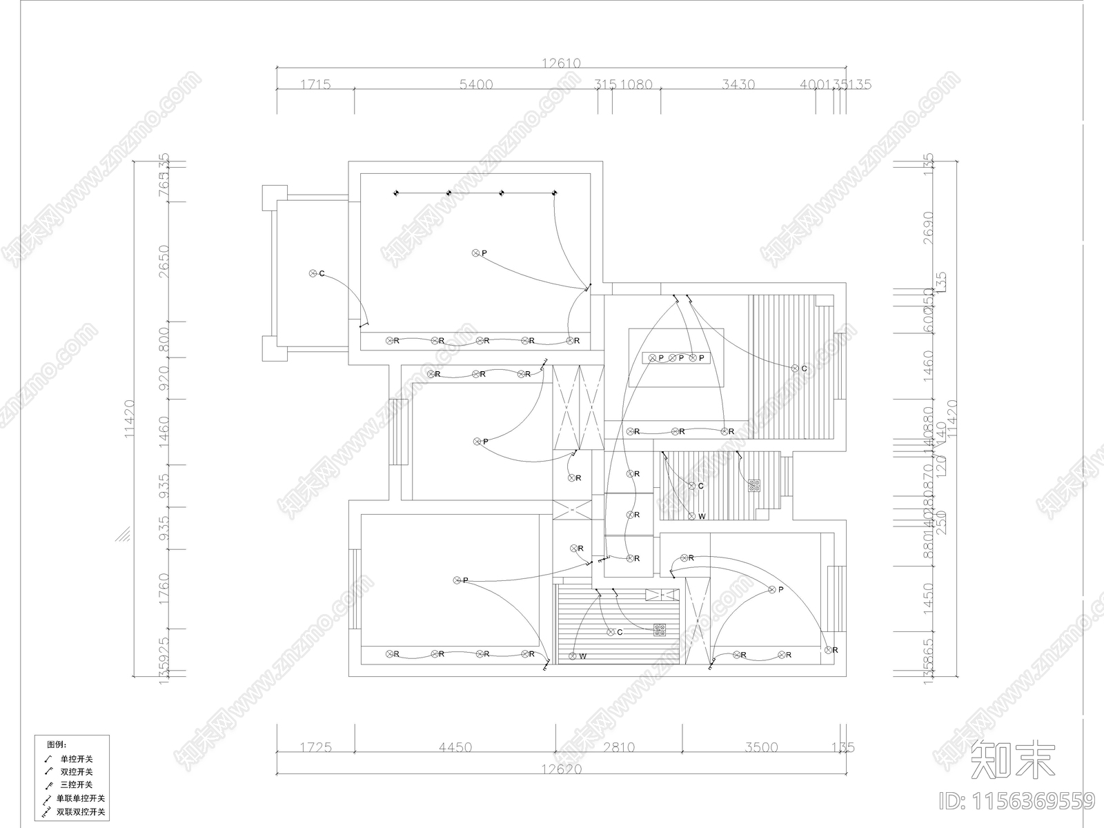 现代家装平层样板间cad施工图下载【ID:1156369559】