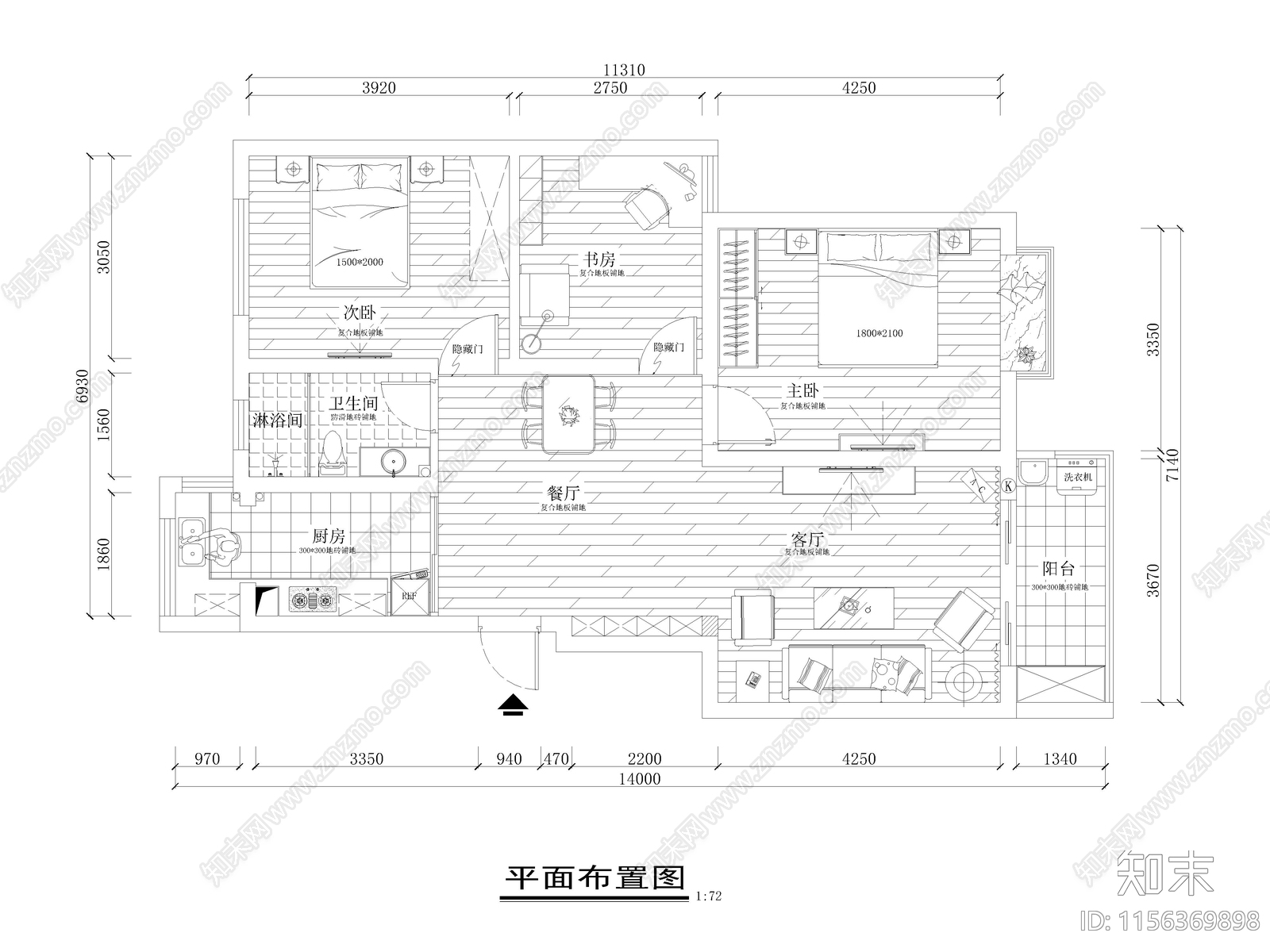 现代家装平层样板间cad施工图下载【ID:1156369898】