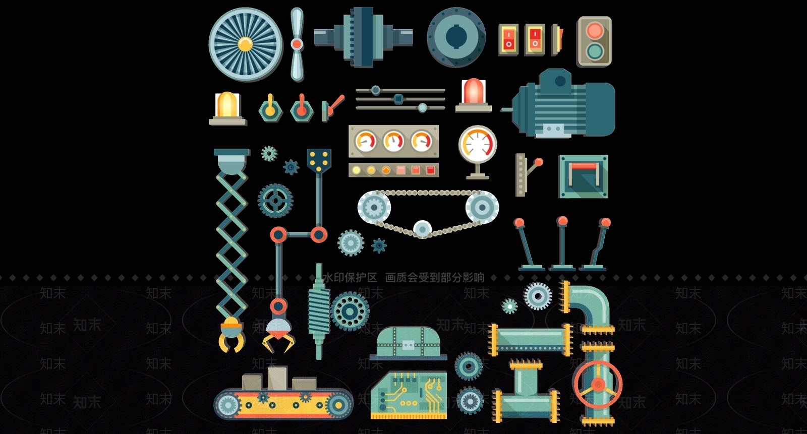 2D现代机械机器零件齿轮装置工业剪影SU模型下载【ID:1156370996】