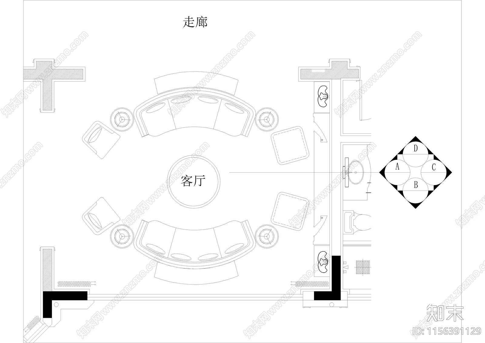 家居客厅cad施工图下载【ID:1156391129】