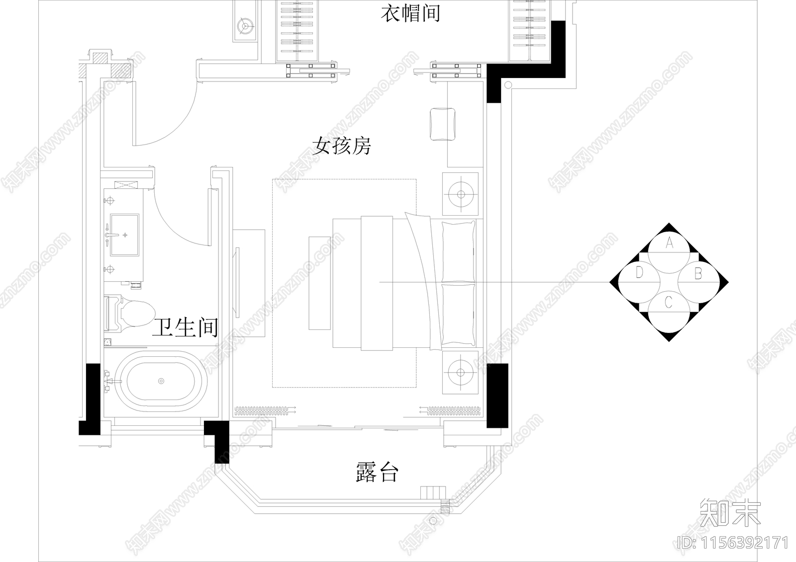家居卧室cad施工图下载【ID:1156392171】