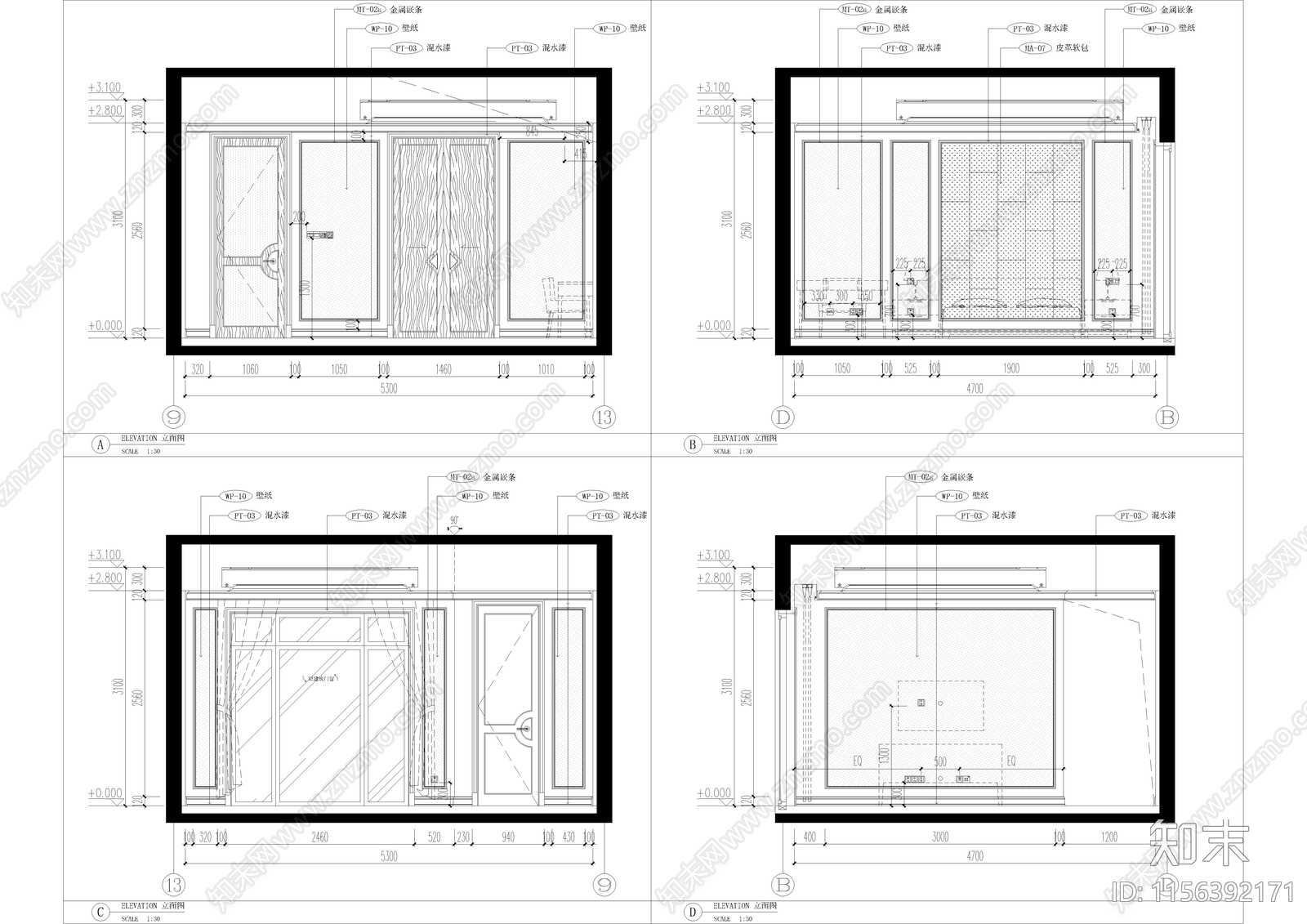 家居卧室cad施工图下载【ID:1156392171】