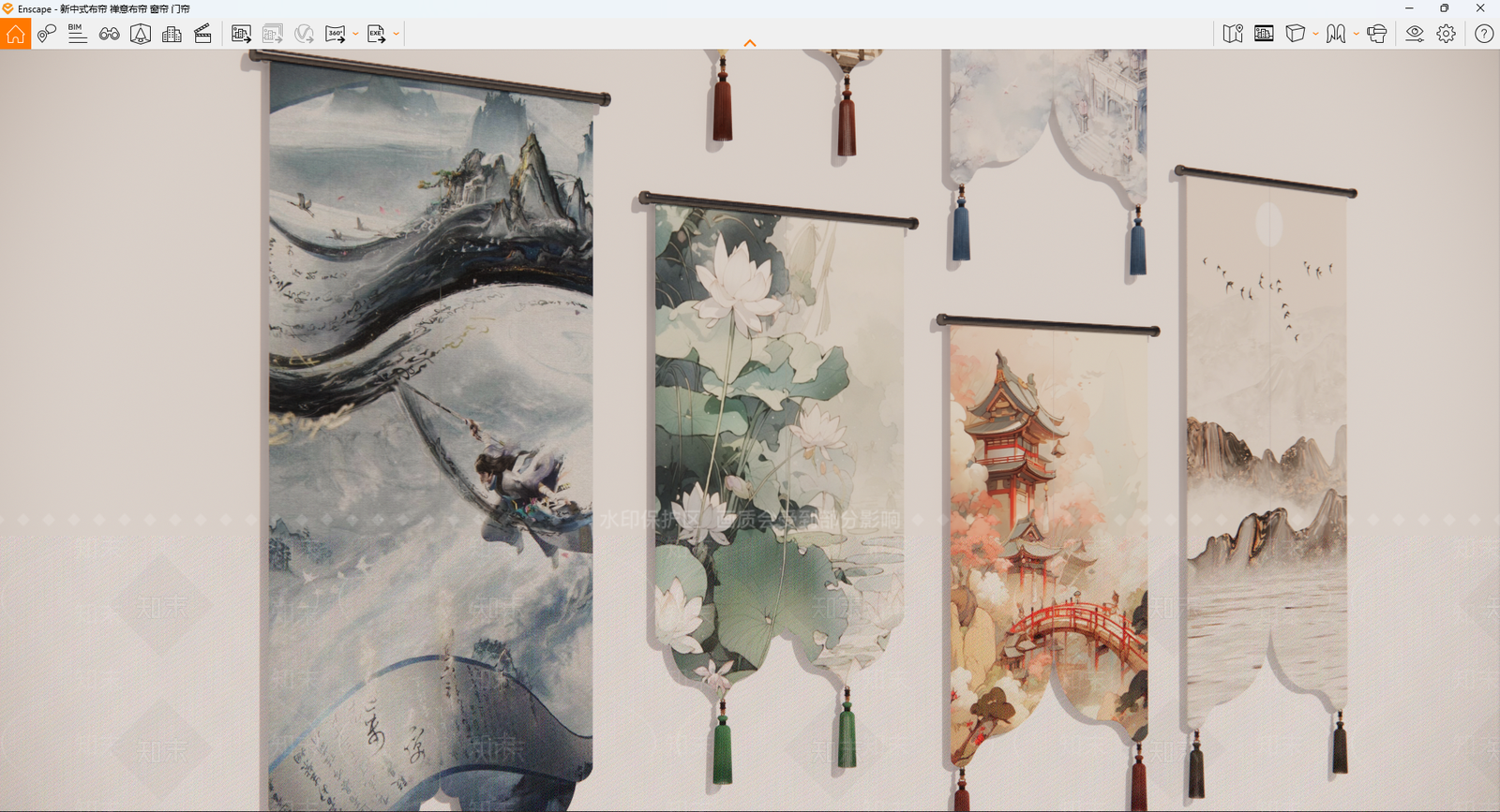 新中式布帘SU模型下载【ID:1156400487】