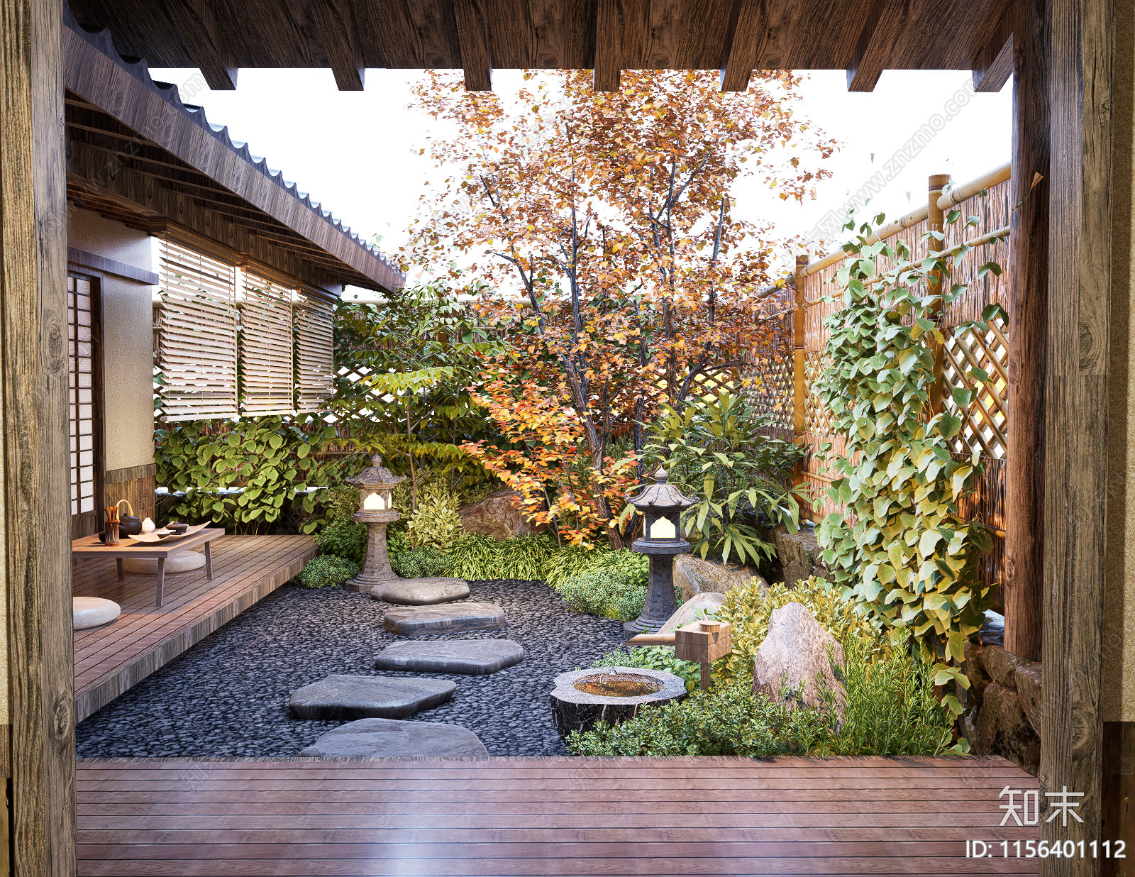 日式禅意天井庭院景观SU模型下载【ID:1156401112】