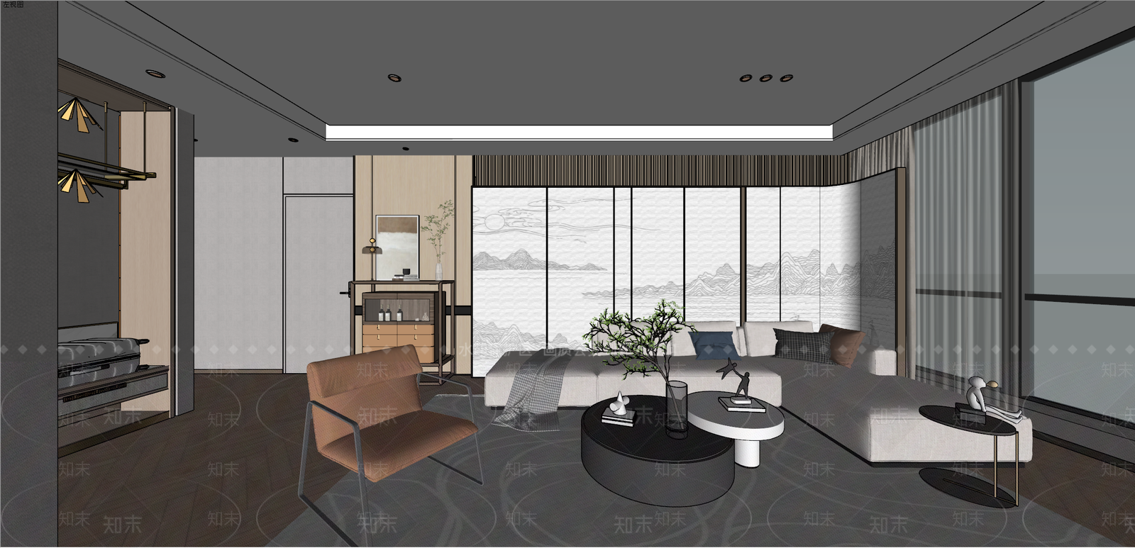 新中式酒店套房客厅SU模型下载【ID:1156401746】