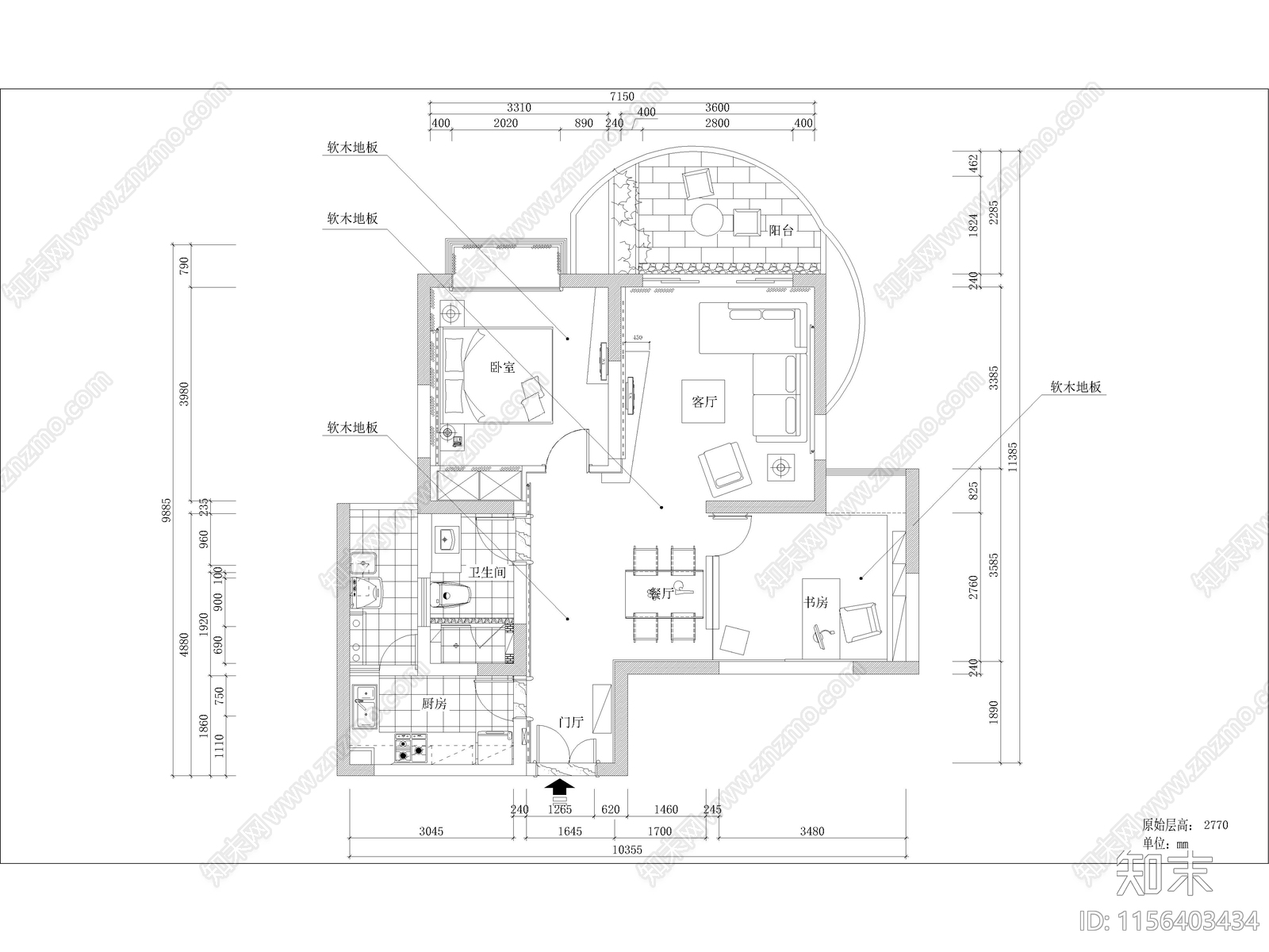 现代家装平层样板间cad施工图下载【ID:1156403434】