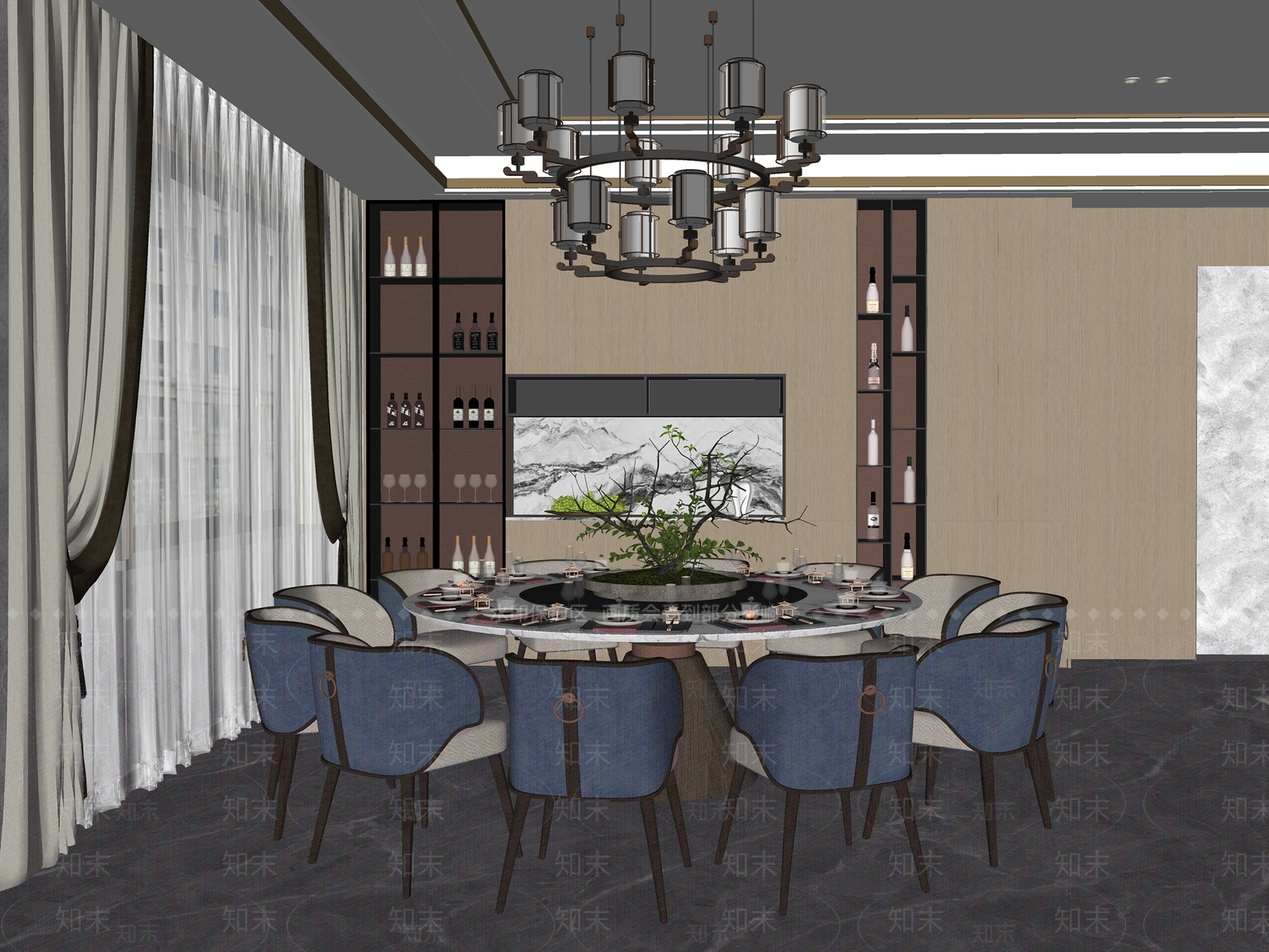 新中式餐厅包厢SU模型下载【ID:1156403419】