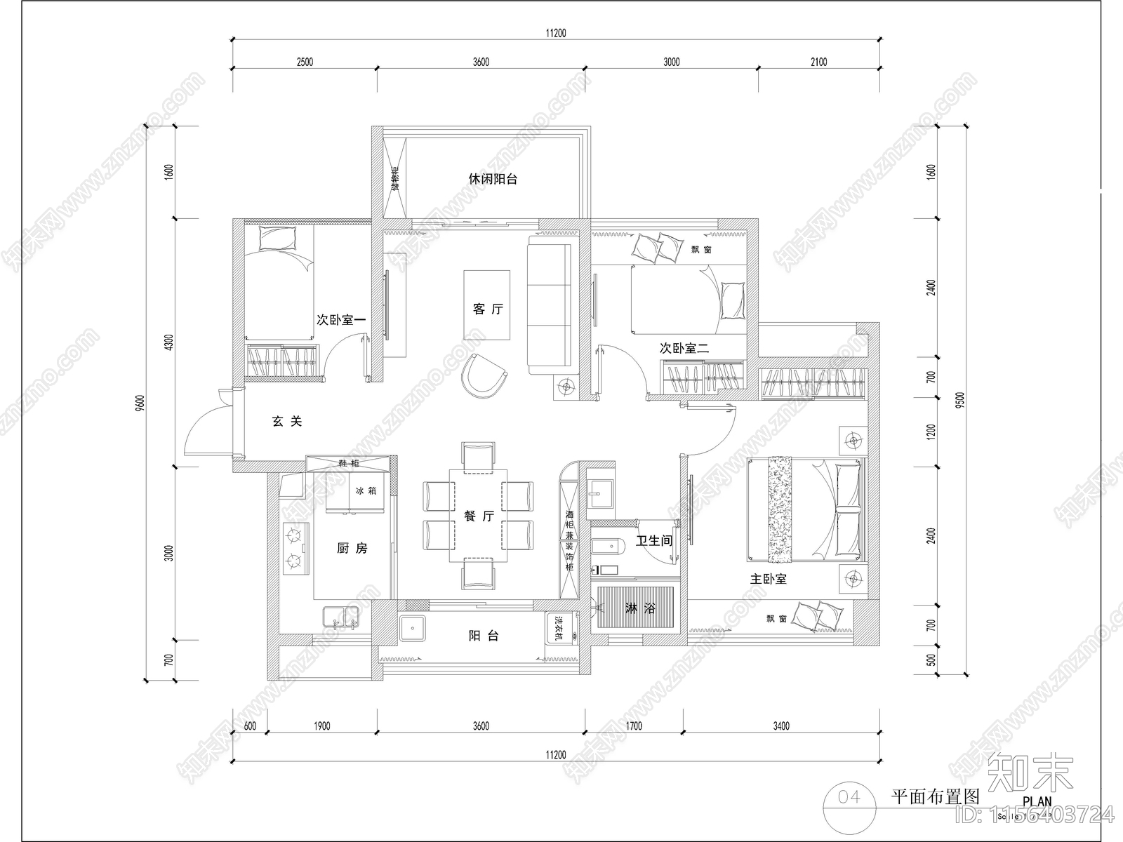 现代家装平层样板间cad施工图下载【ID:1156403724】