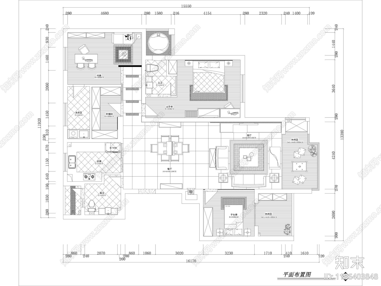 现代家装平层样板间cad施工图下载【ID:1156403848】