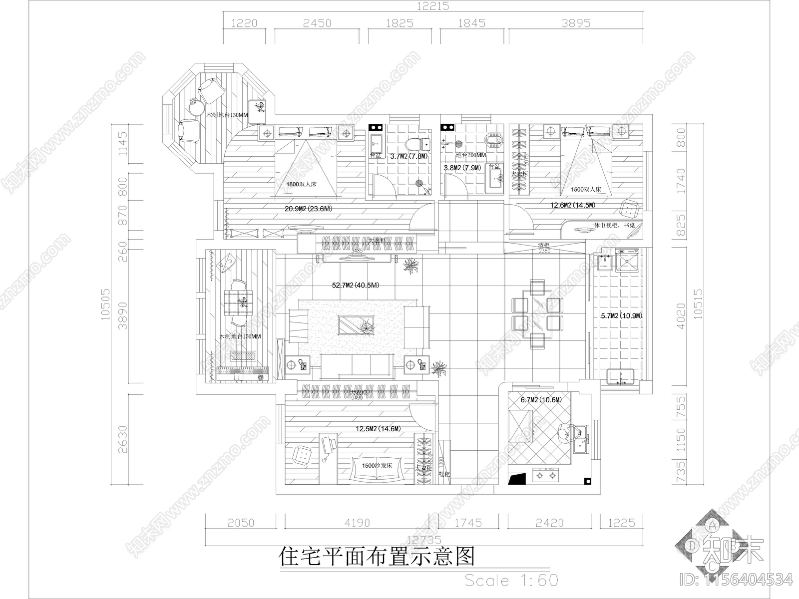 现代家装平层样板间cad施工图下载【ID:1156404534】