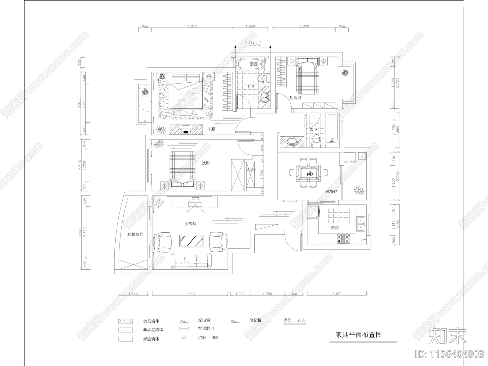 现代家装平层样板间cad施工图下载【ID:1156404803】