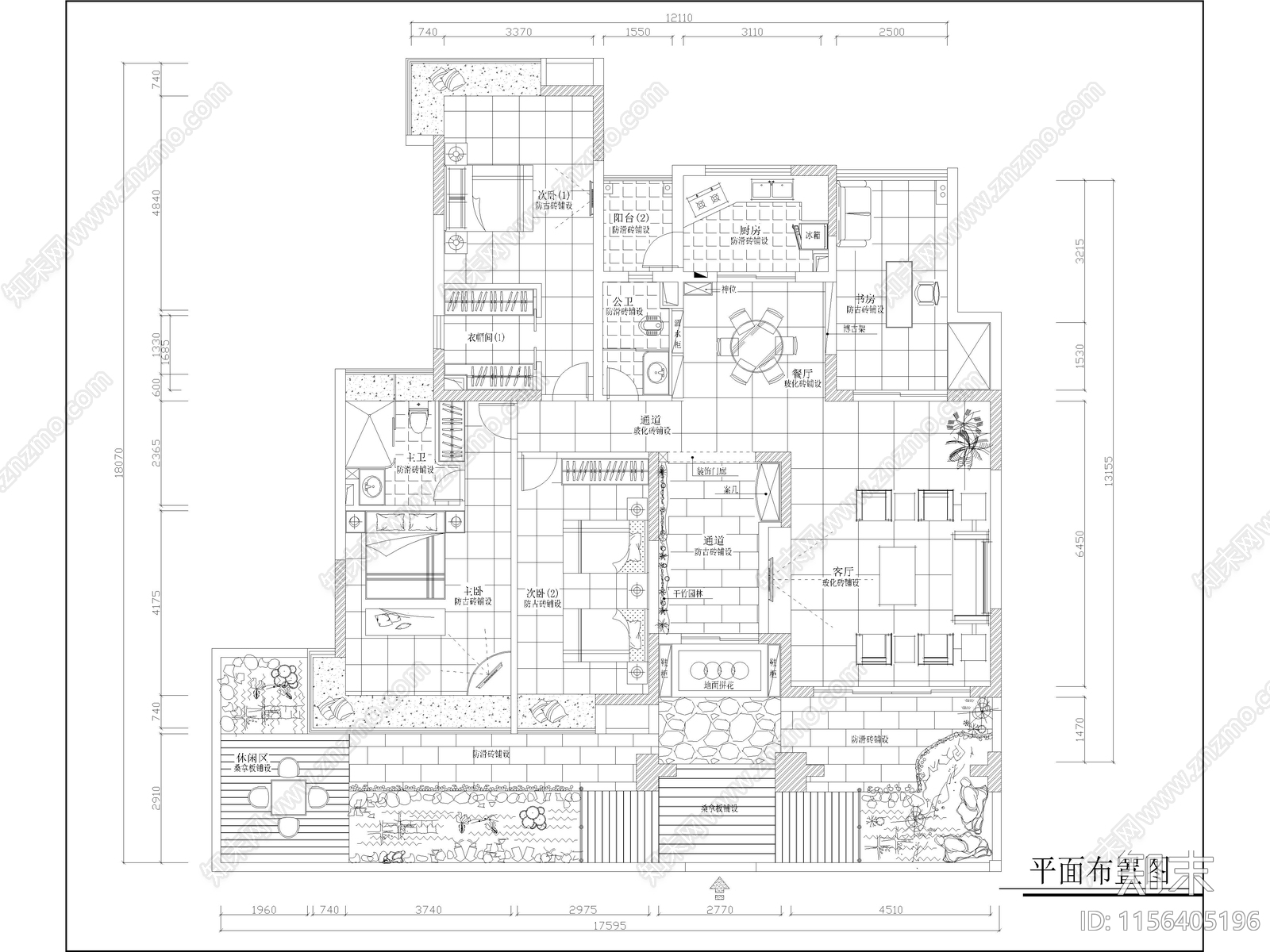 现代家装平层样板间cad施工图下载【ID:1156405196】