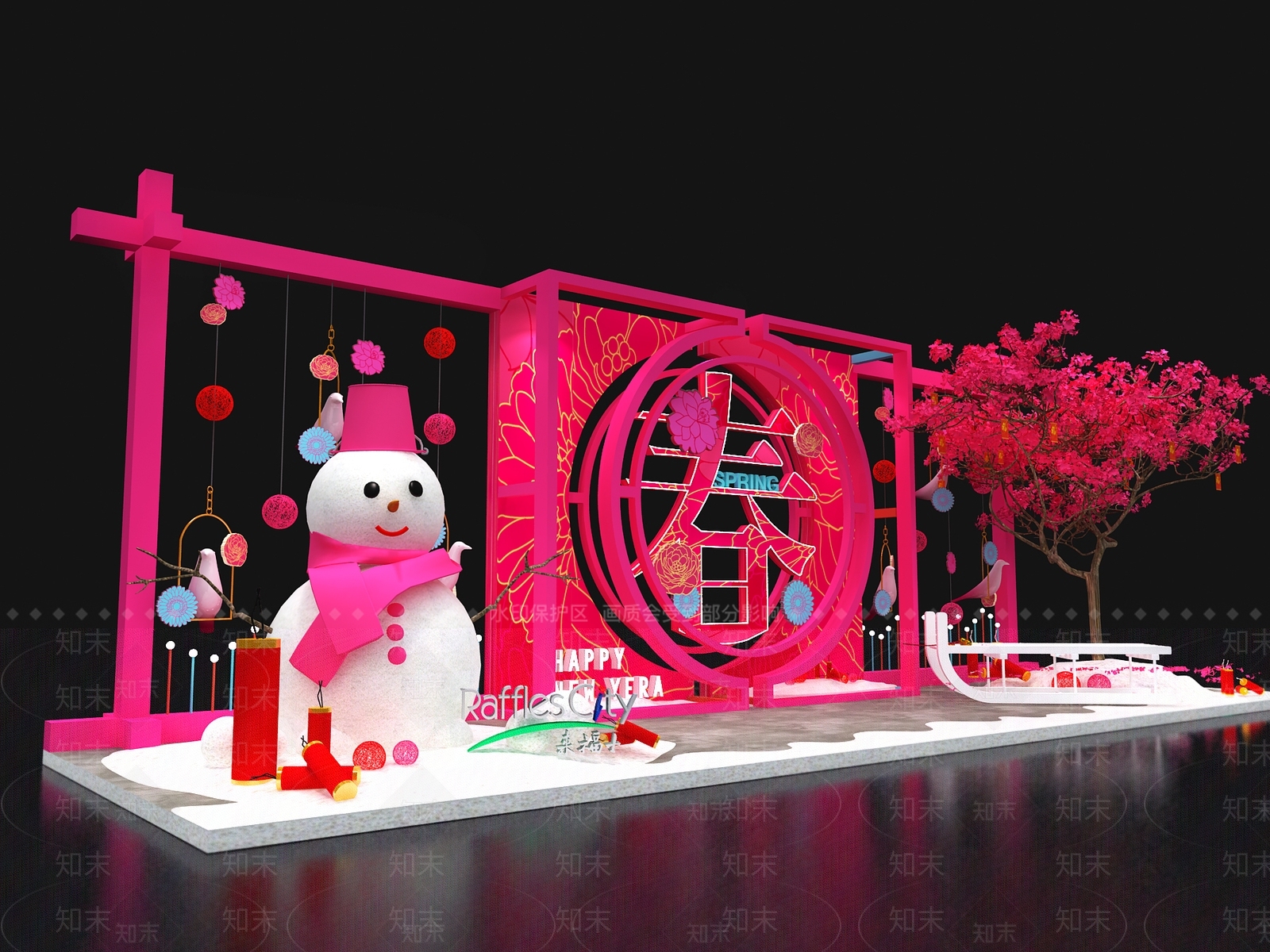 新中式新年雪人商场美陈3D模型下载【ID:1156405821】