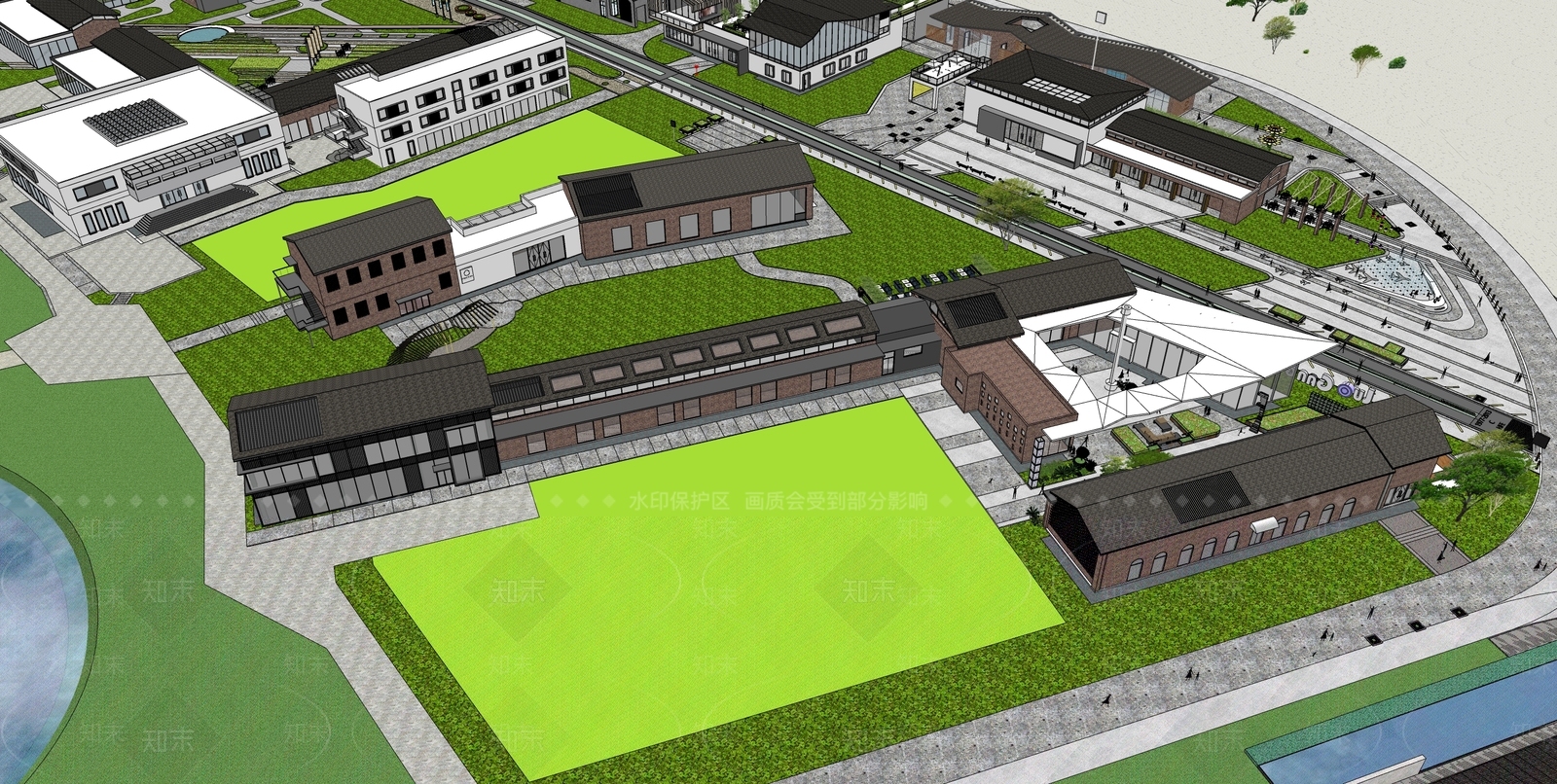 现代厂房改造商业街红砖建筑SU模型下载【ID:1156407774】