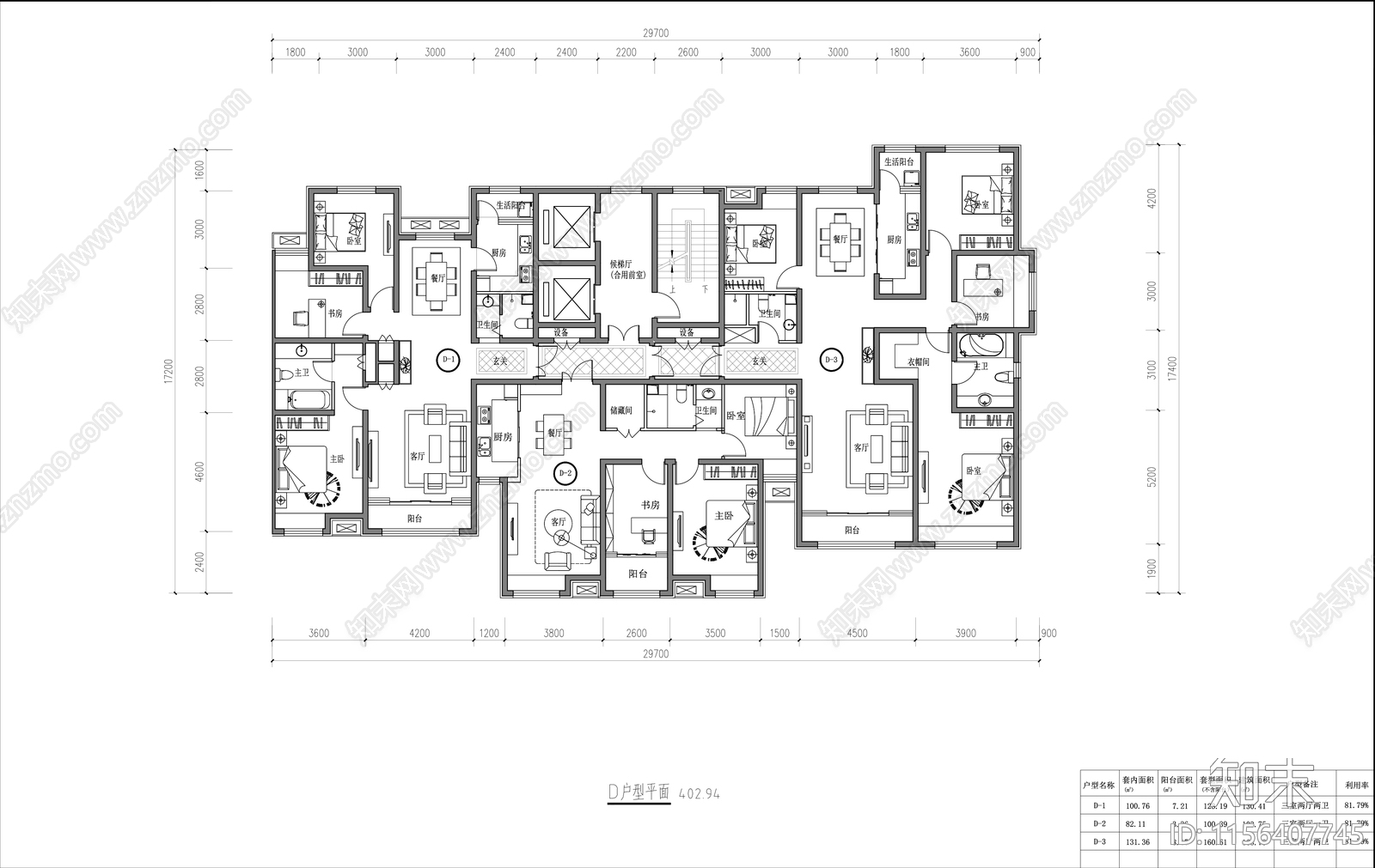 一梯三户户型图cad施工图下载【ID:1156407745】